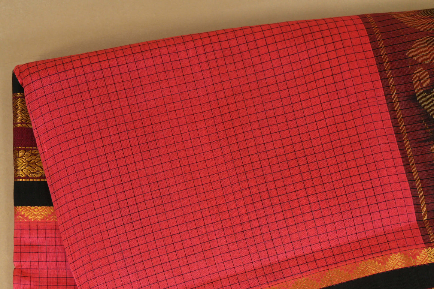 Orangish Pink with Black Borders Silk Cotton Saree by Shreenivas Silks PSSR018356