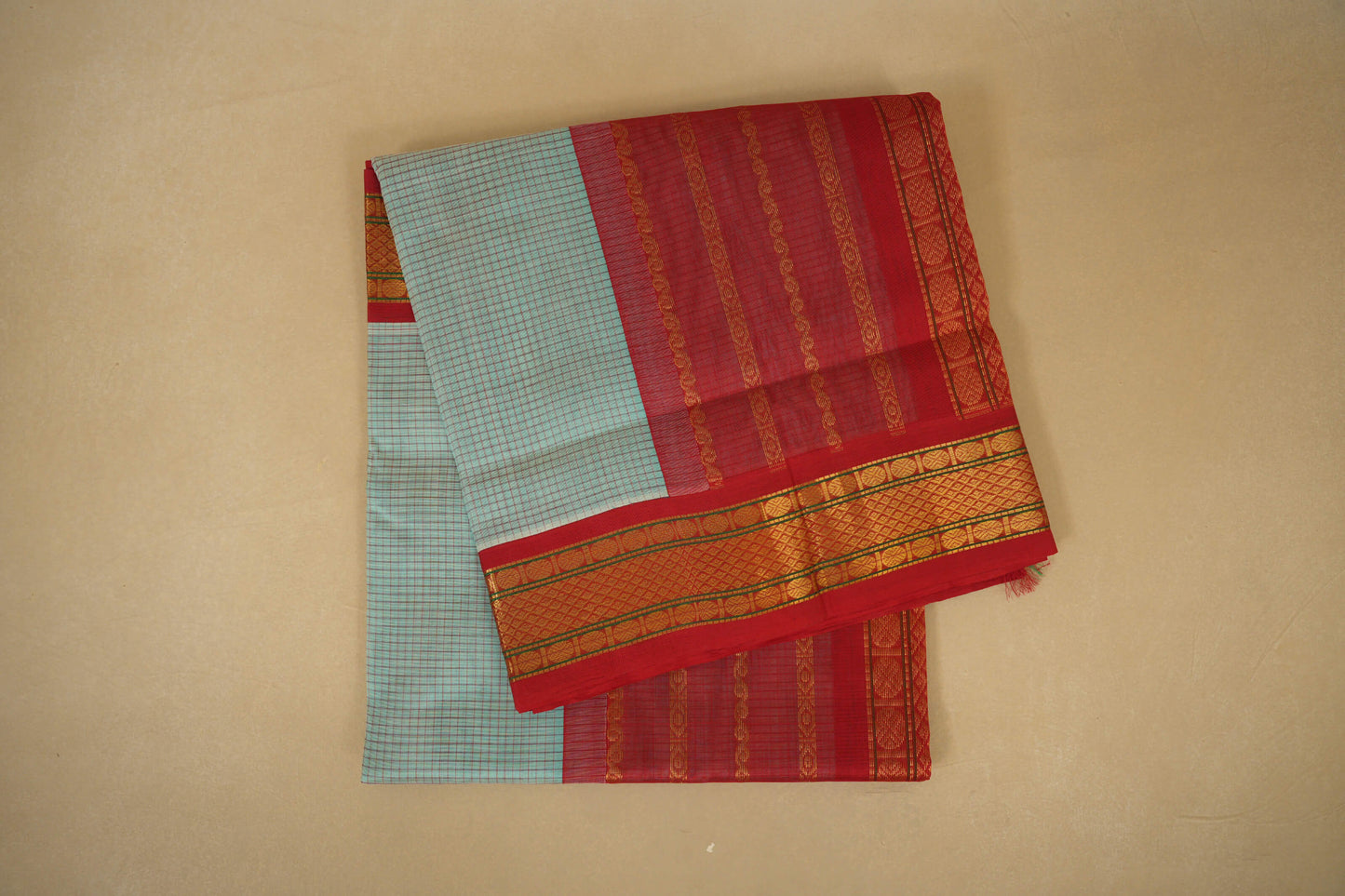 Pastel Aqua Blue with Red Borders Silk Cotton Saree by Shreenivas Silks PSSR018359