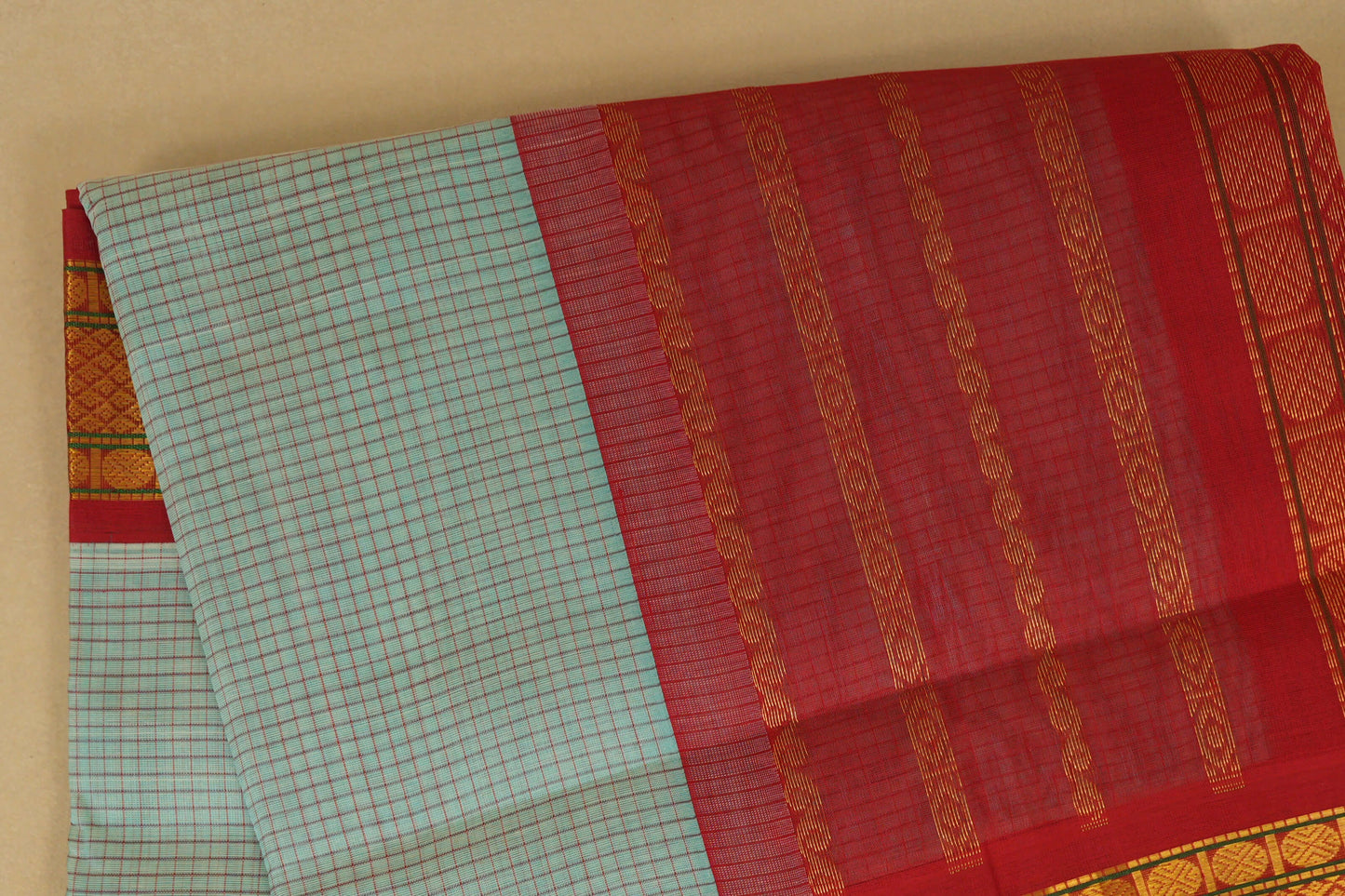 Pastel Aqua Blue with Red Borders Silk Cotton Saree by Shreenivas Silks PSSR018359
