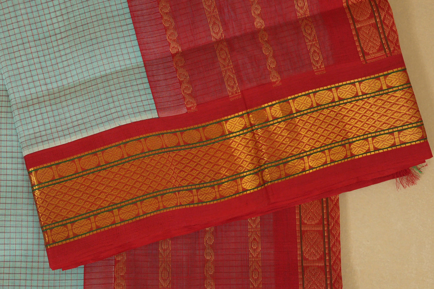Pastel Aqua Blue with Red Borders Silk Cotton Saree by Shreenivas Silks PSSR018359