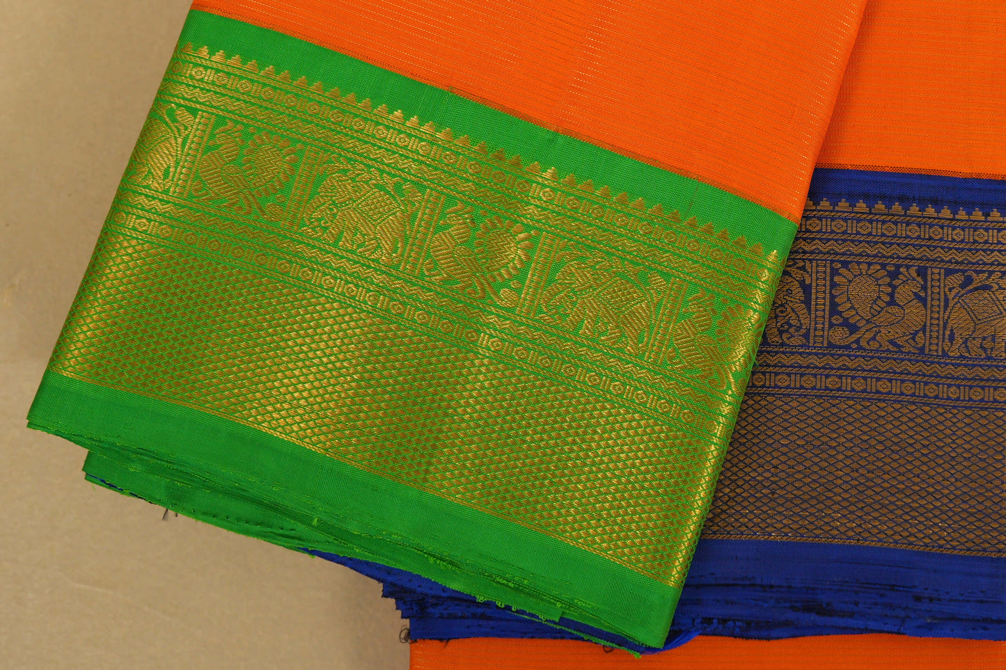 Orange with Green/Blue Borders Vintage Kanjivaram Silk Saree online