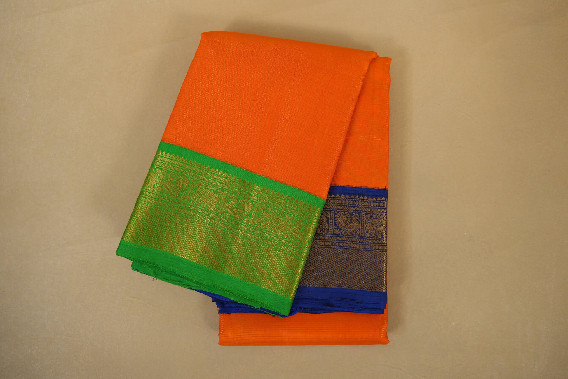 Orange with Green/Blue Borders Vintage Kanjivaram Silk Saree