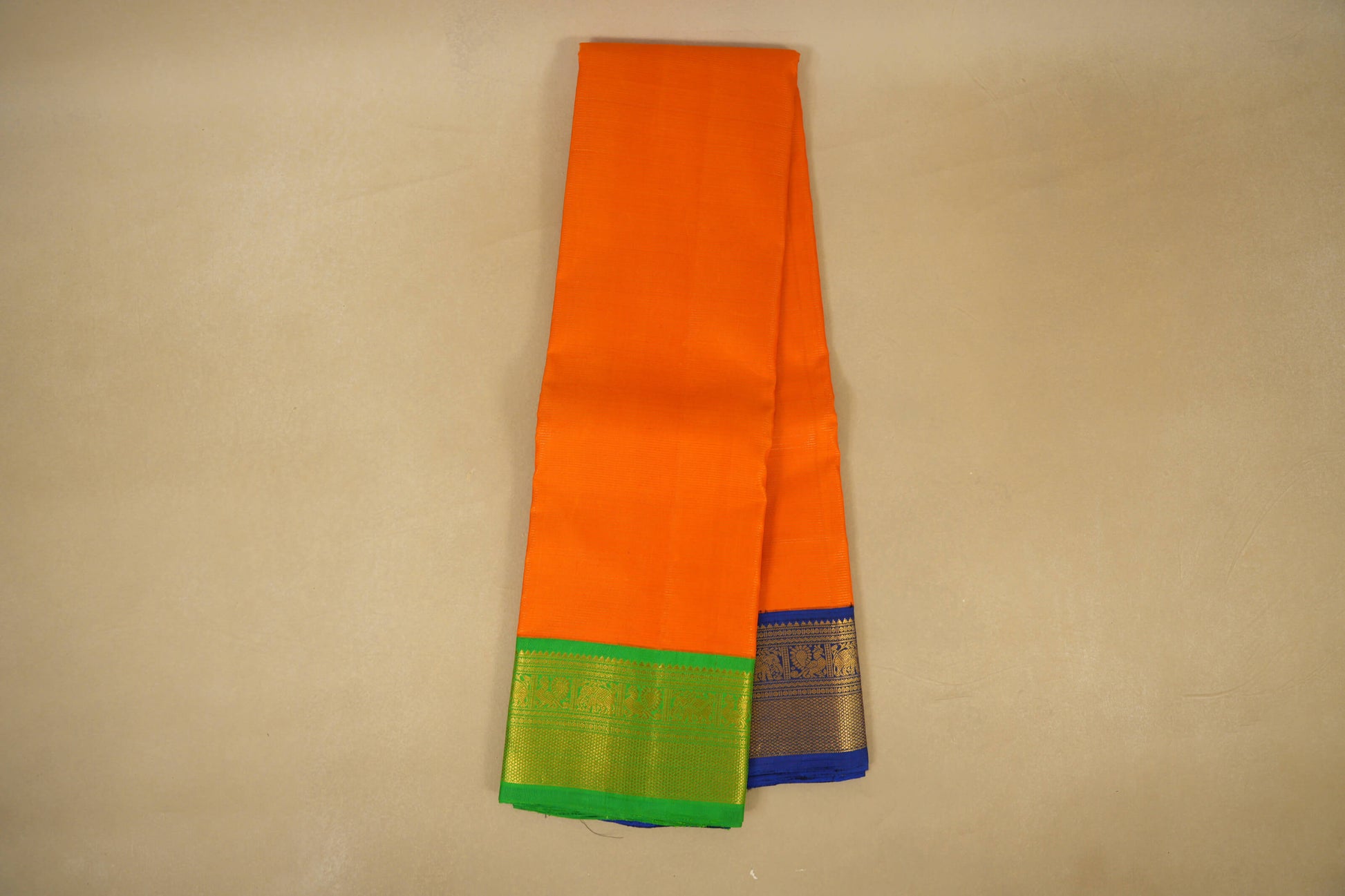 Online Orange with Green/Blue Borders Vintage Kanjivaram Silk Saree