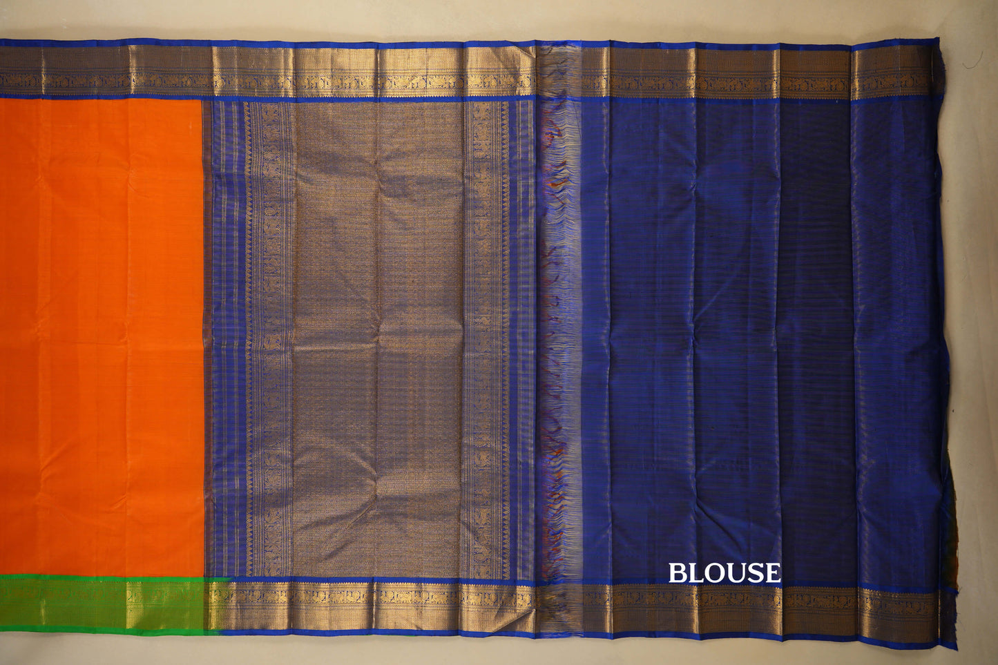 Orange with Green/Blue Borders Vintage Kanjivaram Silk Saree blouse