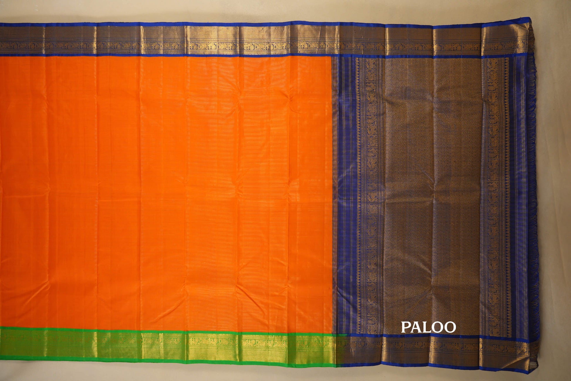 Orange with Green/Blue Borders Vintage Kanjivaram Silk Saree paloo