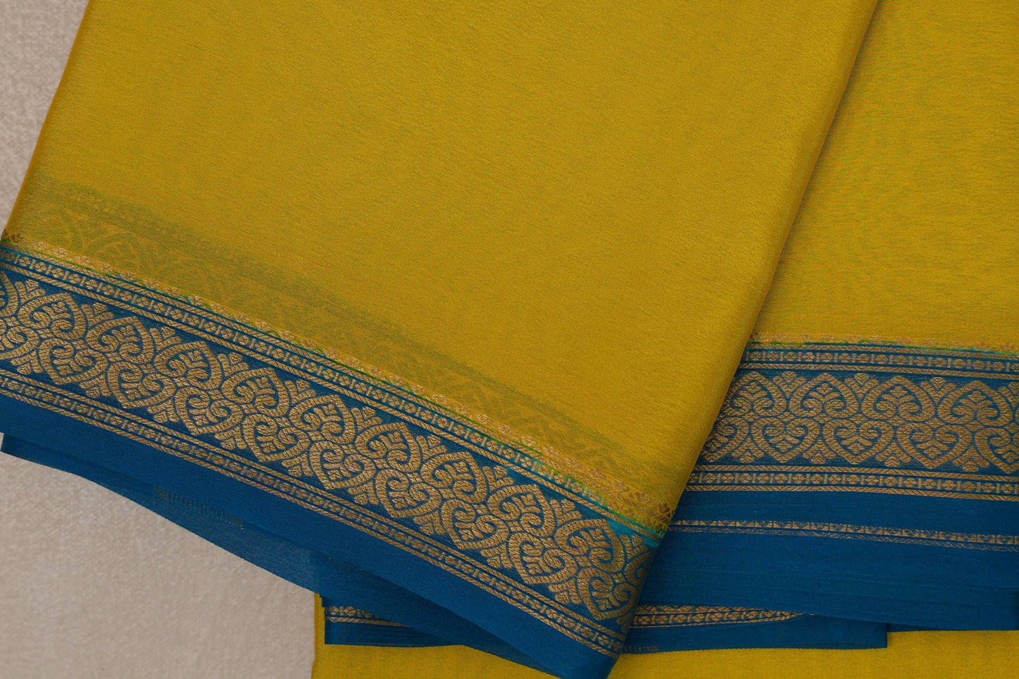 Olive yellow with Teal borders Mysore Silk Saree by Shreenivas Silks PSSR019493