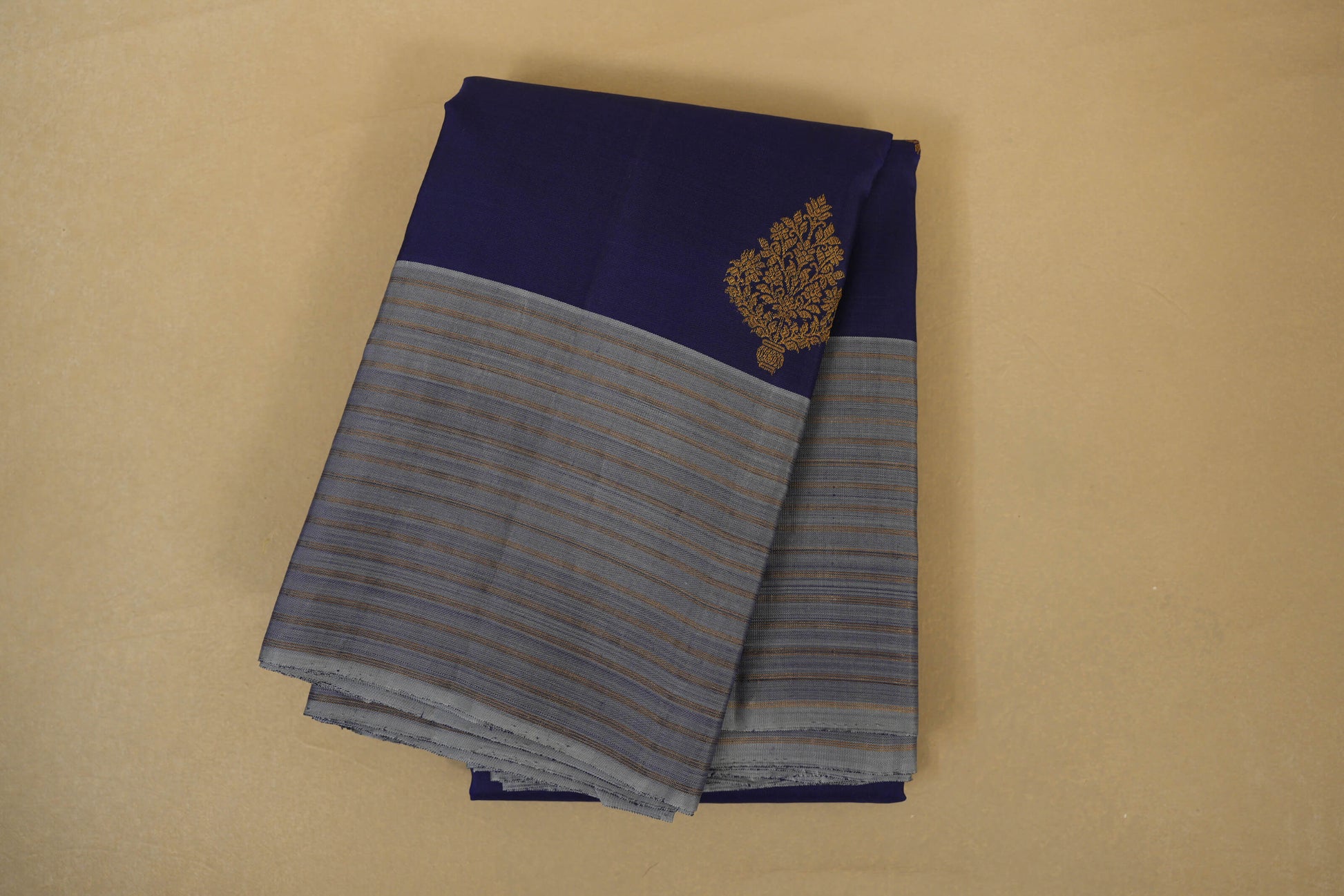 Navy Blue and Grey Borders Vintage Kanjivaram Silk Saree