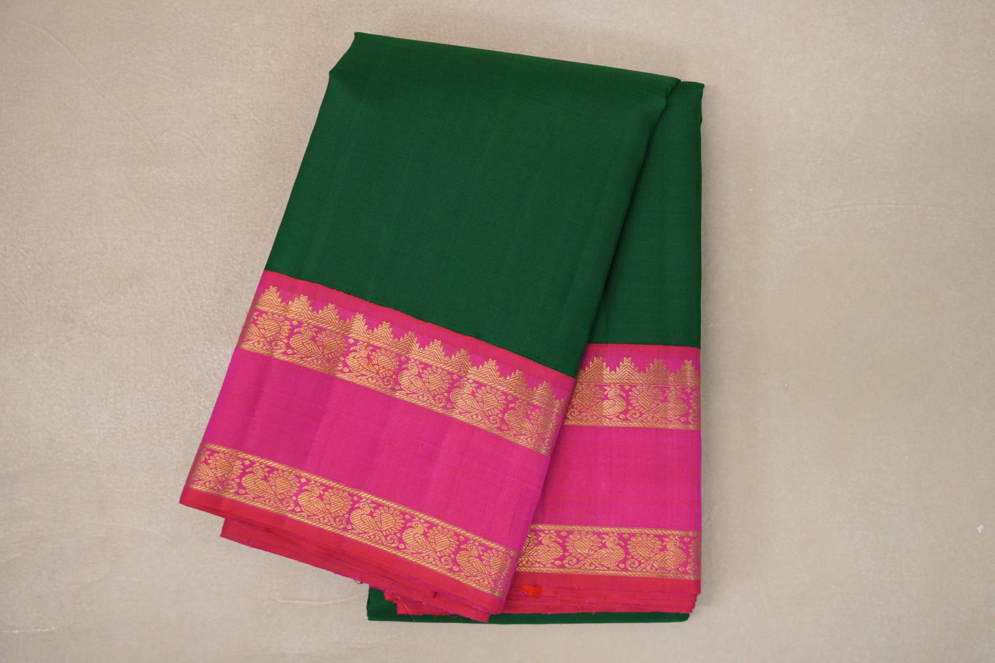 Dark Green with Orangish Pink Borders Vintage Kanjivaram Silk Saree
