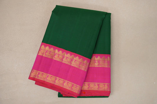 Dark Green with Orangish Pink Borders Vintage Kanjivaram Silk Saree