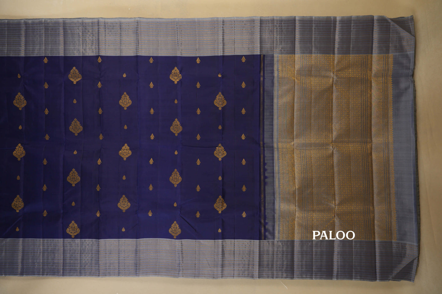 Navy Blue and Grey Borders Vintage Kanjivaram Silk Saree paloo