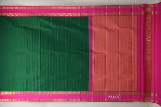 Dark Green with Orangish Pink Borders Vintage Kanjivaram Silk Saree paloo