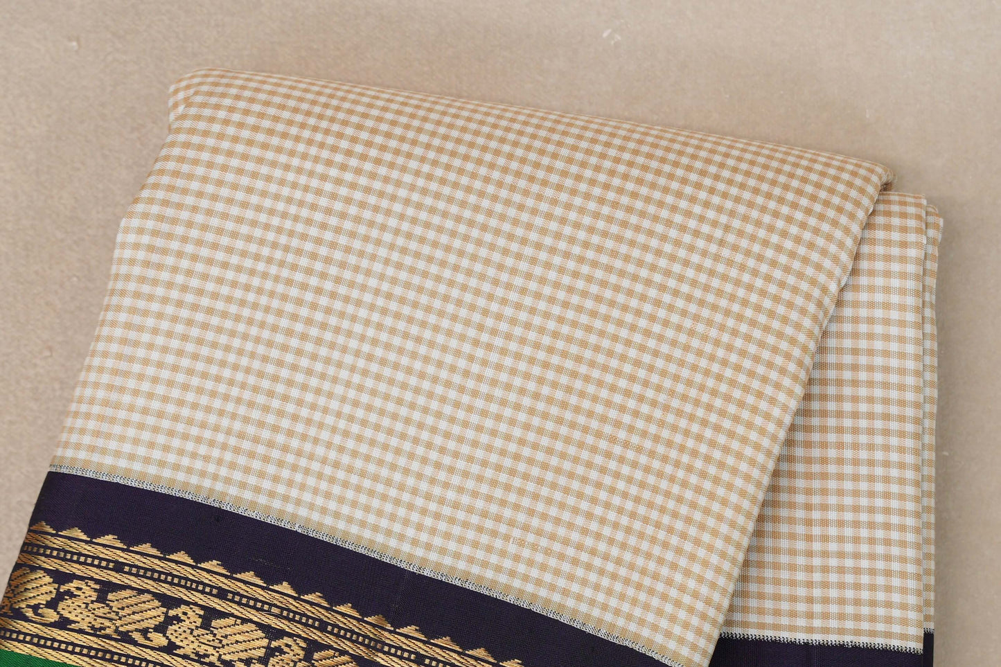 Cream with Olive Green Checks with Rettai Pettu Borders Vintage Kanjivaram Silk Saree body