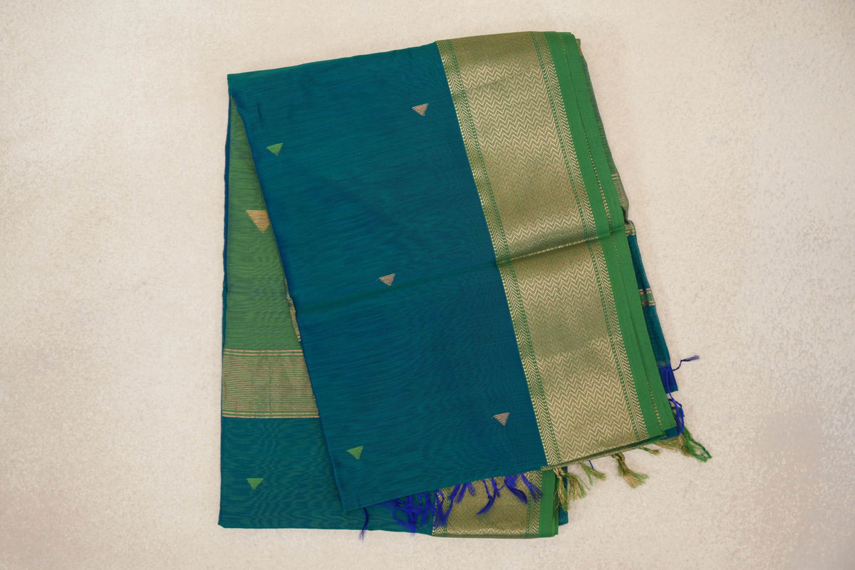Peacock Green with Leaf Green Borders Maheshwari Silk Cotton Saree by Shreenivas Silks PSSR0110621