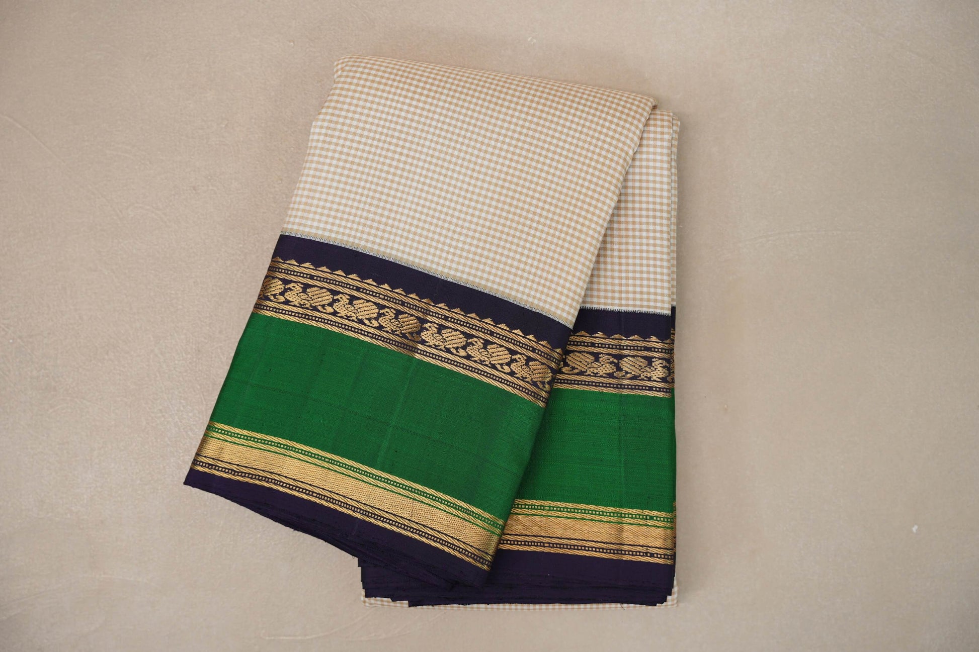 Cream with Olive Green Checks with Rettai Pettu Borders Vintage Kanjivaram Silk Saree