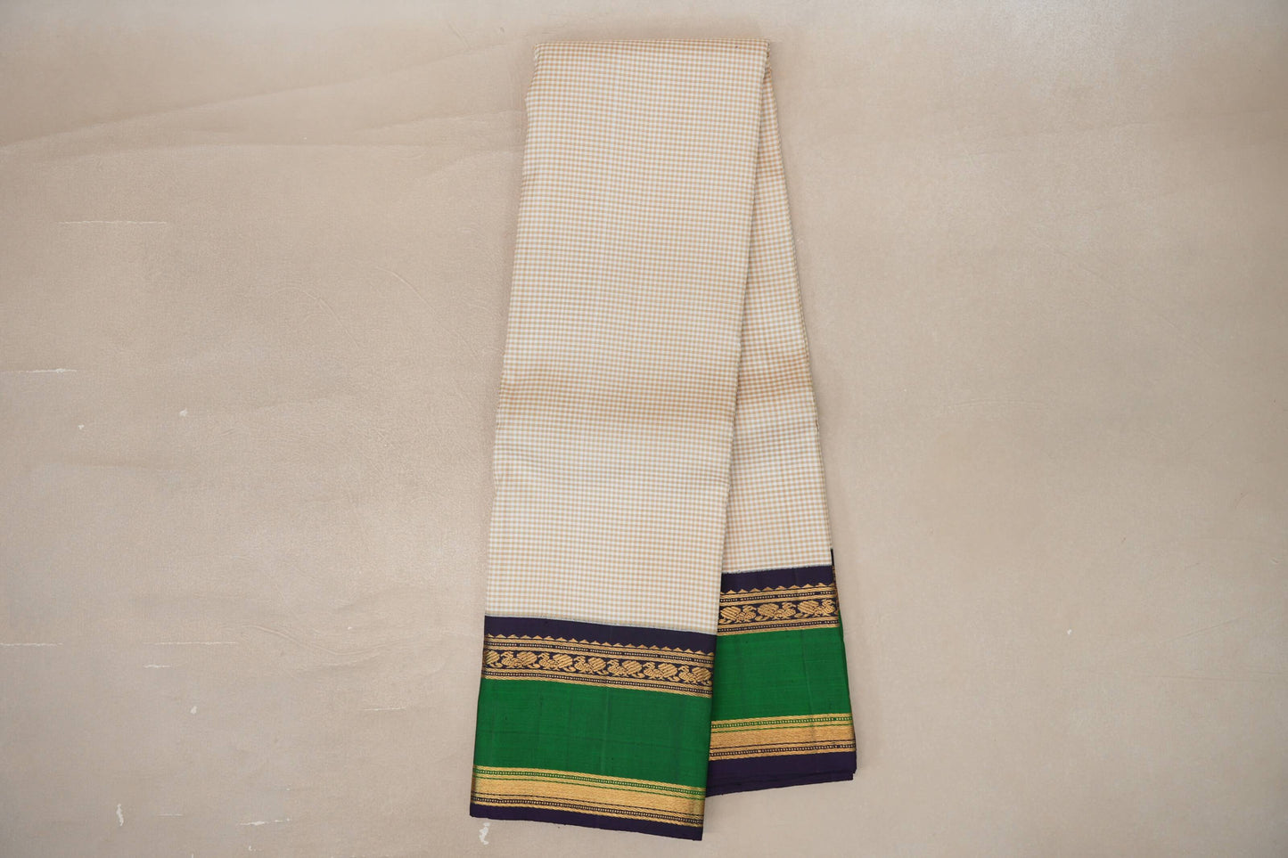 Online Cream with Olive Green Checks with Rettai Pettu Borders Vintage Kanjivaram Silk Saree