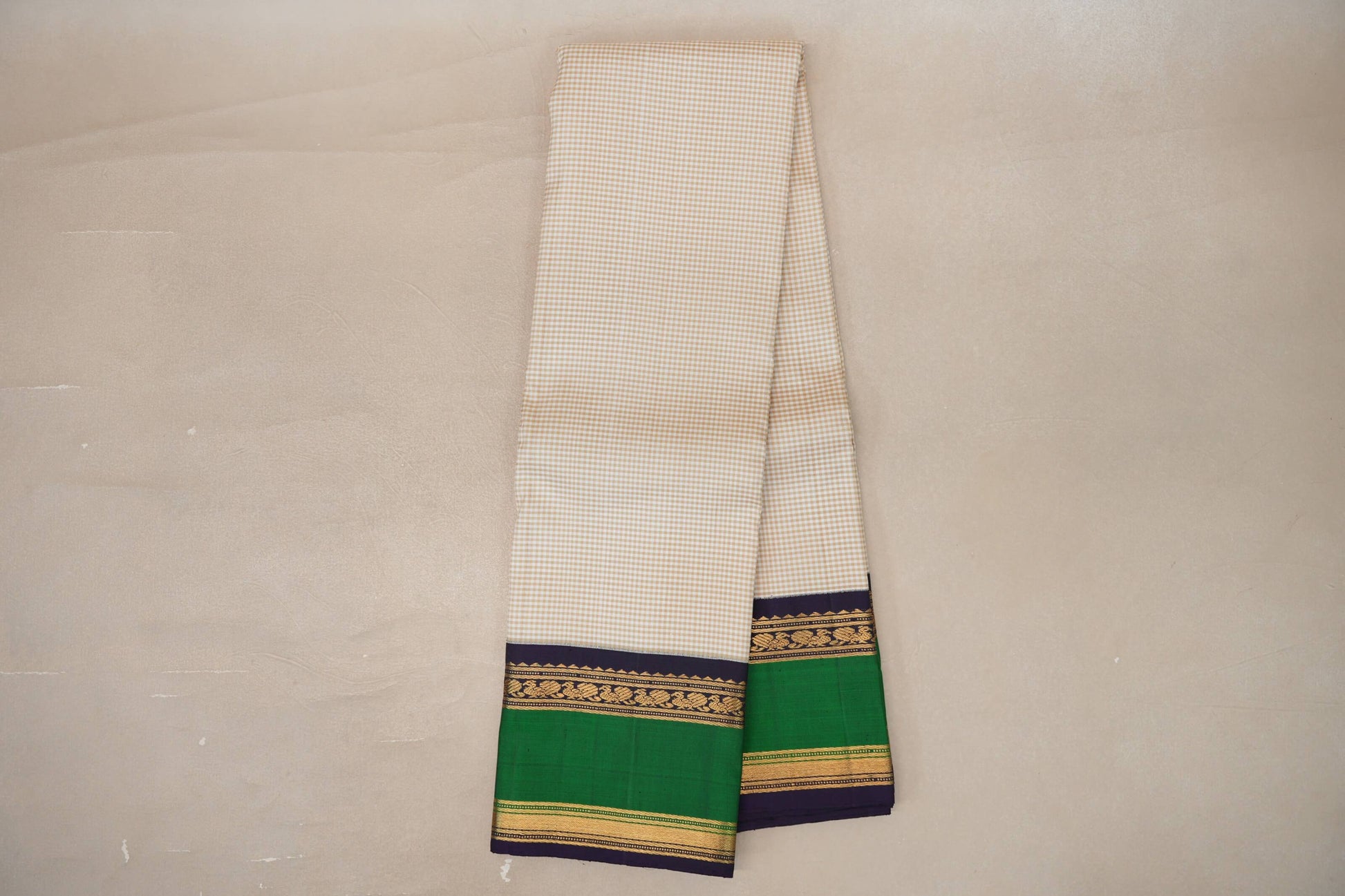 Online Cream with Olive Green Checks with Rettai Pettu Borders Vintage Kanjivaram Silk Saree