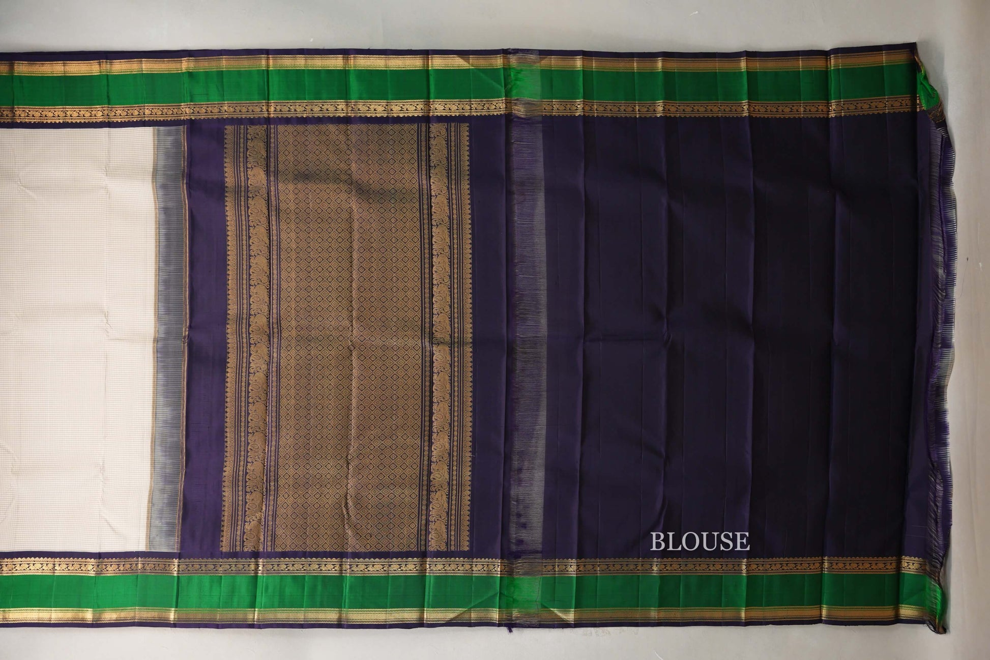 Cream with Olive Green Checks with Rettai Pettu Borders Vintage Kanjivaram Silk Saree blouse