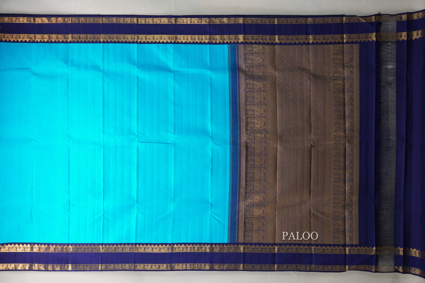 Aqua Blue with Blue Violet Rettai Pettu Borders Vintage Kanjivaram Silk Saree paloo