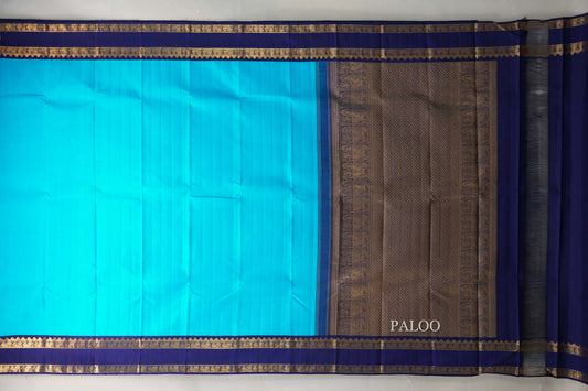 Aqua Blue with Blue Violet Rettai Pettu Borders Vintage Kanjivaram Silk Saree paloo