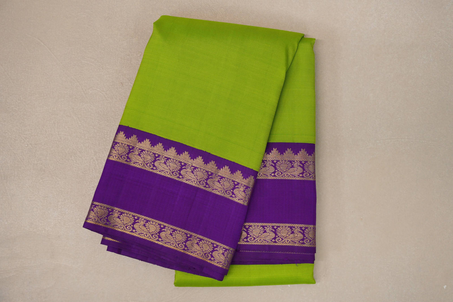 Parrot Green with Purple Rettai Pettu Borders Vintage Kanjivaram Silk Saree