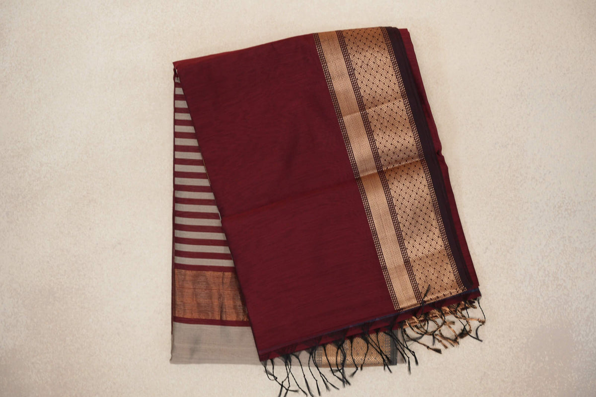 Maroon with Deep Maroon Borders Maheshwari Silk Cotton Saree by Shreenivas Silks PSSR0110624