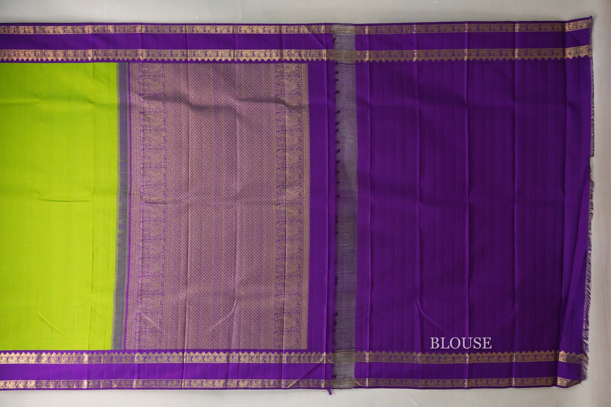 Parrot Green with Purple Rettai Pettu Borders Vintage Kanjivaram Silk Saree blouse
