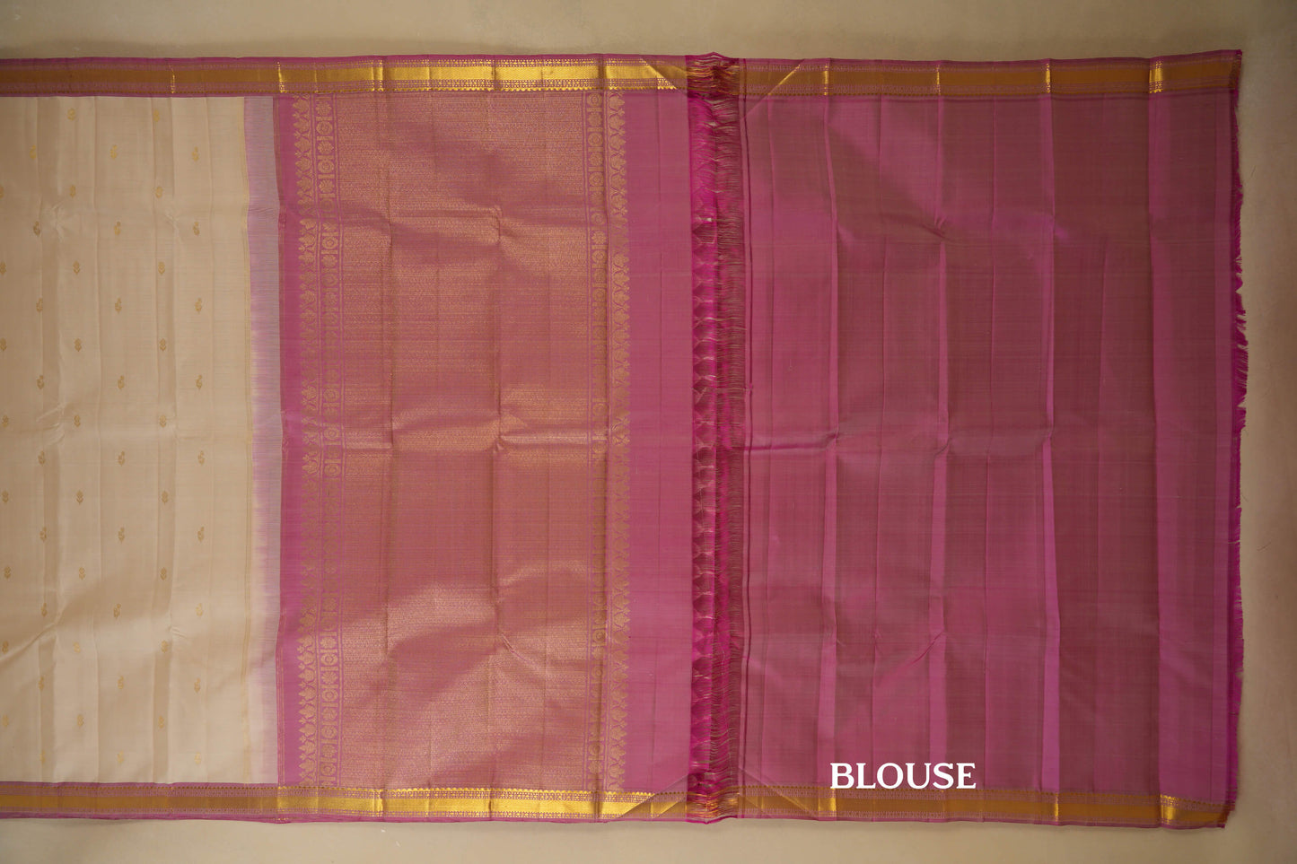Off-white with Pink Borders Vintage Kanjivaram Silk Saree by Shreenivas Silks PSSR018372