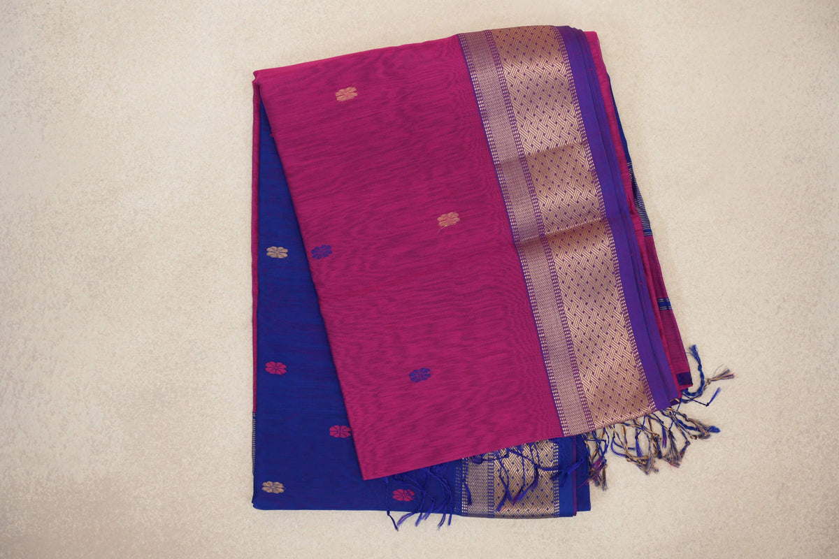 Bright Rani Pink with Royal Purple Borders Maheshwari Silk Cotton Saree by Shreenivas Silks PSSR0110625