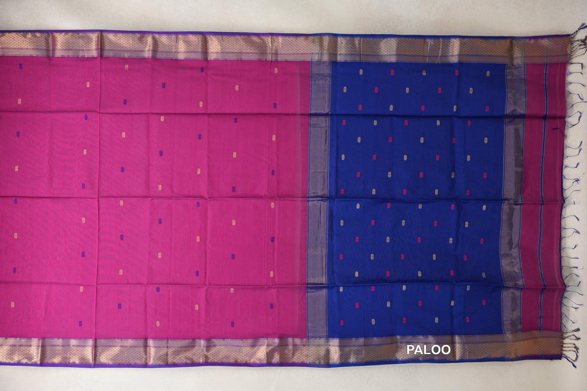 Bright Rani Pink with Royal Purple Borders Maheshwari Silk Cotton Saree by Shreenivas Silks PSSR0110625