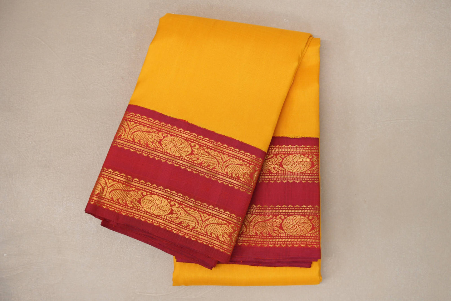 Mango Yellow with Reddish Pink Borders Vintage Kanjivaram Silk Saree