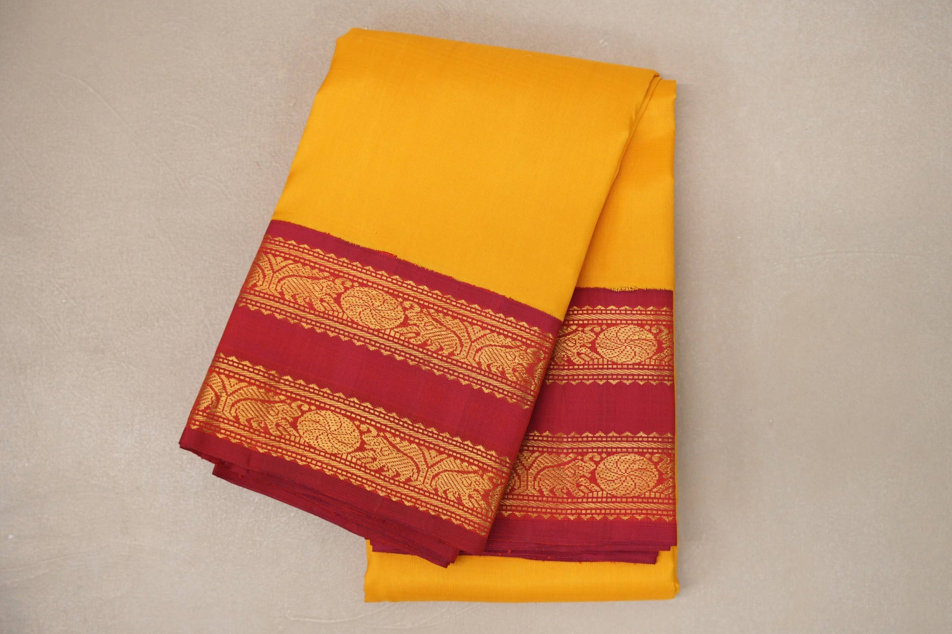 Mango Yellow with Reddish Pink Borders Vintage Kanjivaram Silk Saree