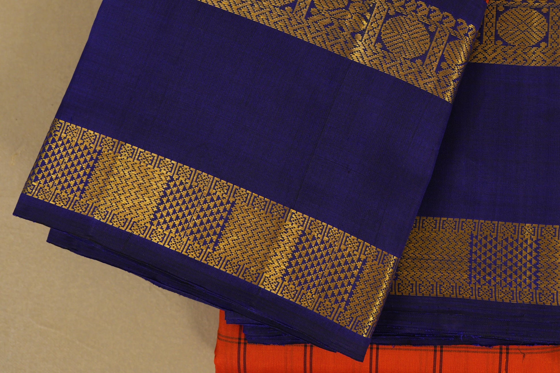 Orange with Blue Borders Vintage Kanjivaram Silk Saree borders