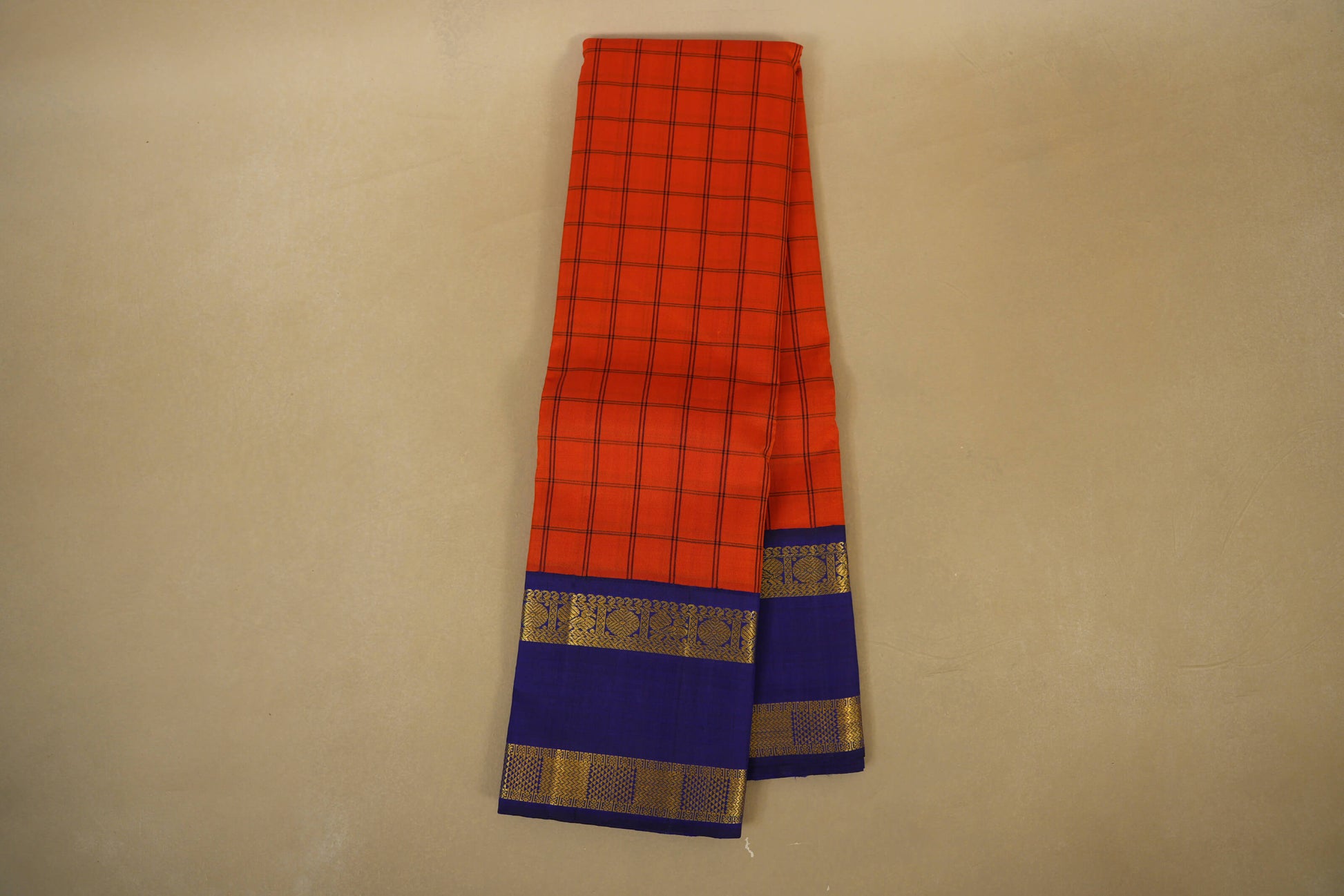 Online Orange with Blue Borders Vintage Kanjivaram Silk Saree