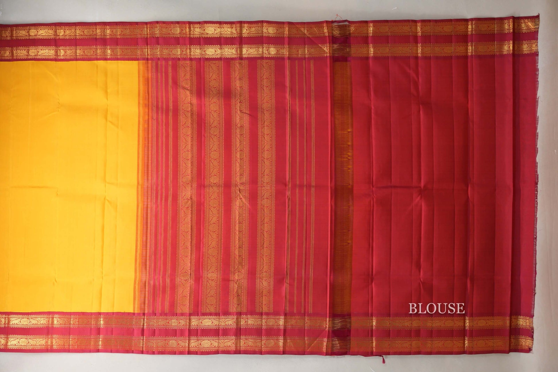 Mango Yellow with Reddish Pink Borders Vintage Kanjivaram Silk Saree blouse