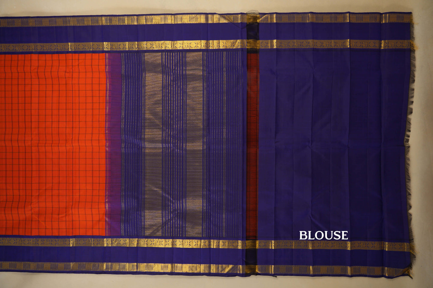 Orange with Blue Borders Vintage Kanjivaram Silk Saree blouse