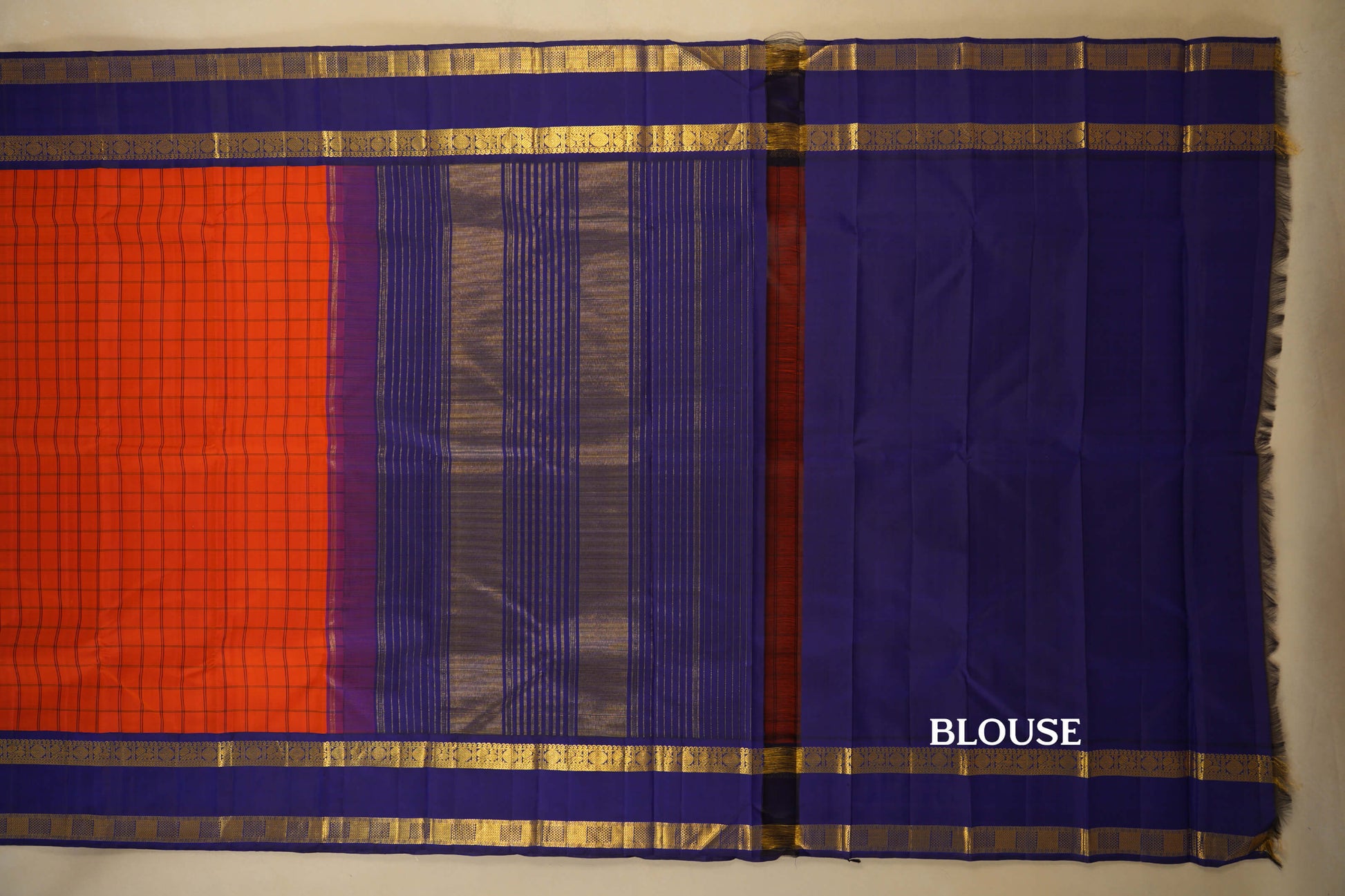 Orange with Blue Borders Vintage Kanjivaram Silk Saree blouse