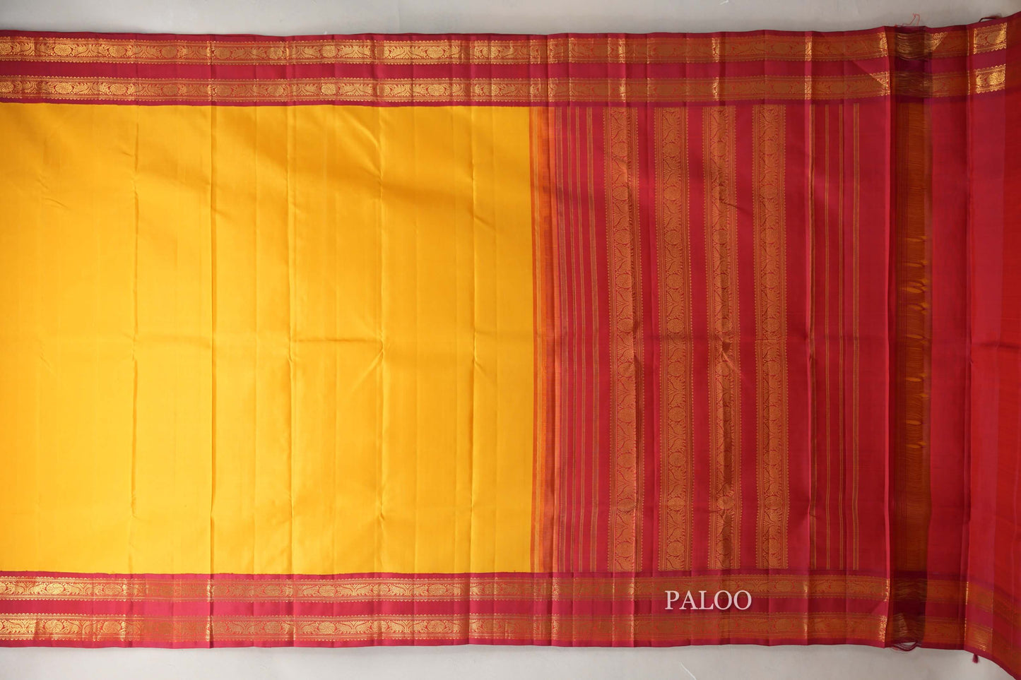 Mango Yellow with Reddish Pink Borders Vintage Kanjivaram Silk Saree paloo