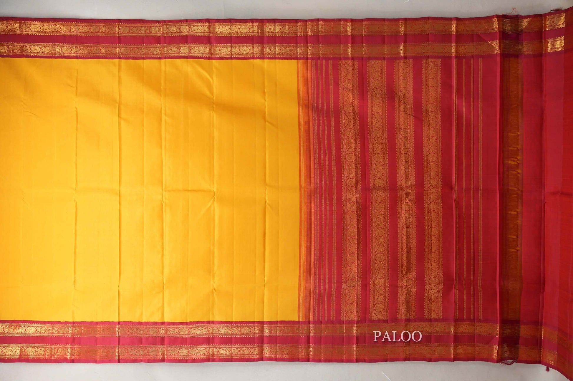 Mango Yellow with Reddish Pink Borders Vintage Kanjivaram Silk Saree paloo