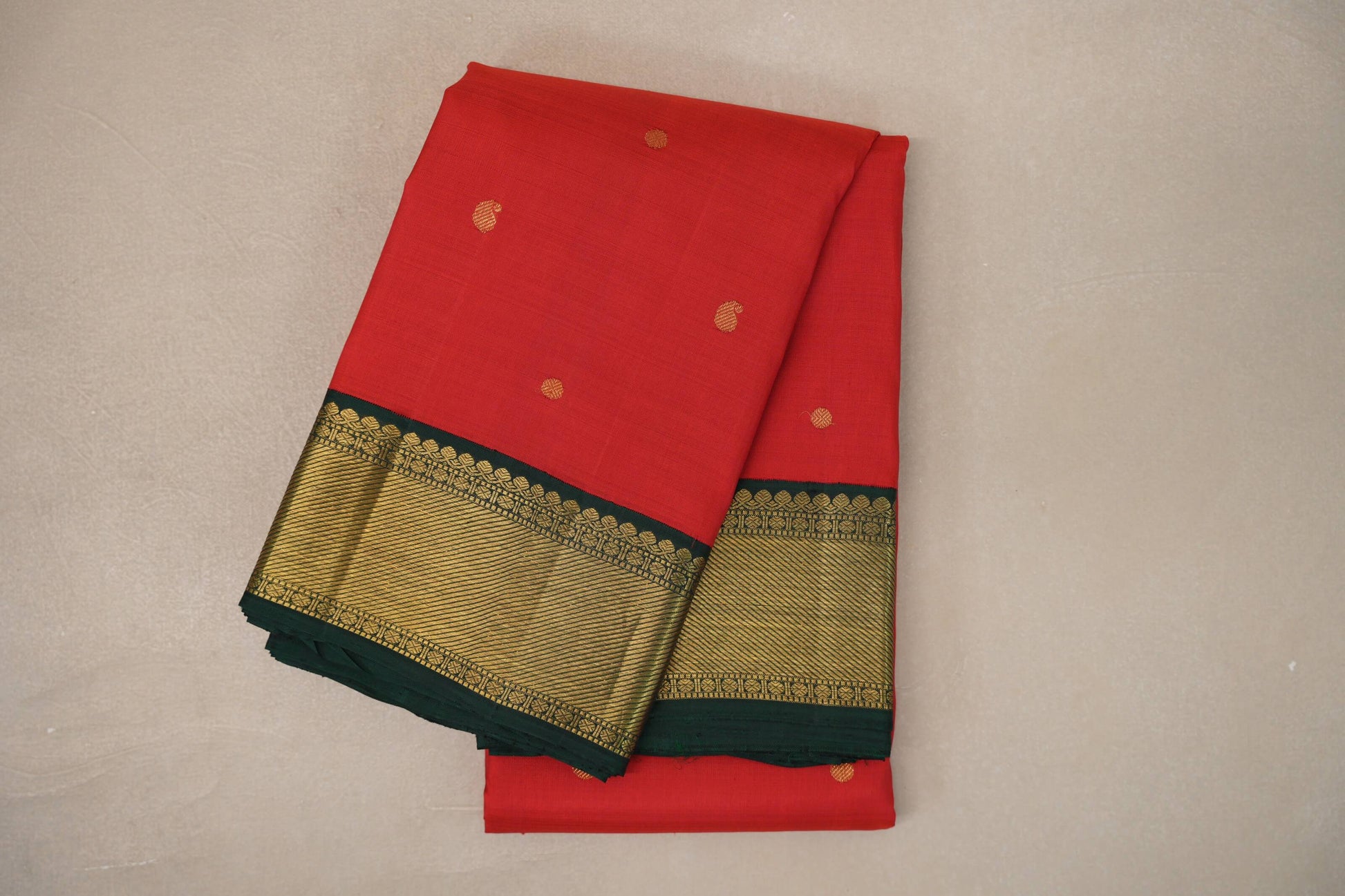 Tomato Red with Deep Bottle Green Borders Vintage Kanjivaram Silk Saree