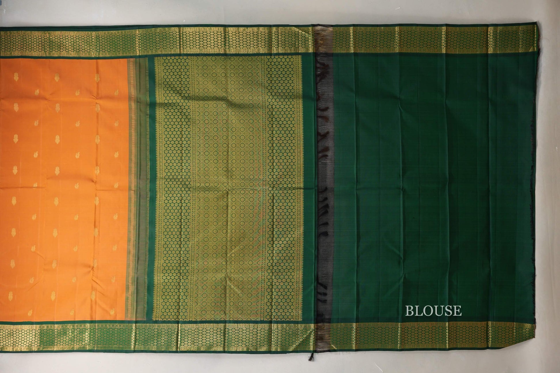 Mustard Orange with Bottle Green Borders Vintage Kanjivaram Silk Saree blouse