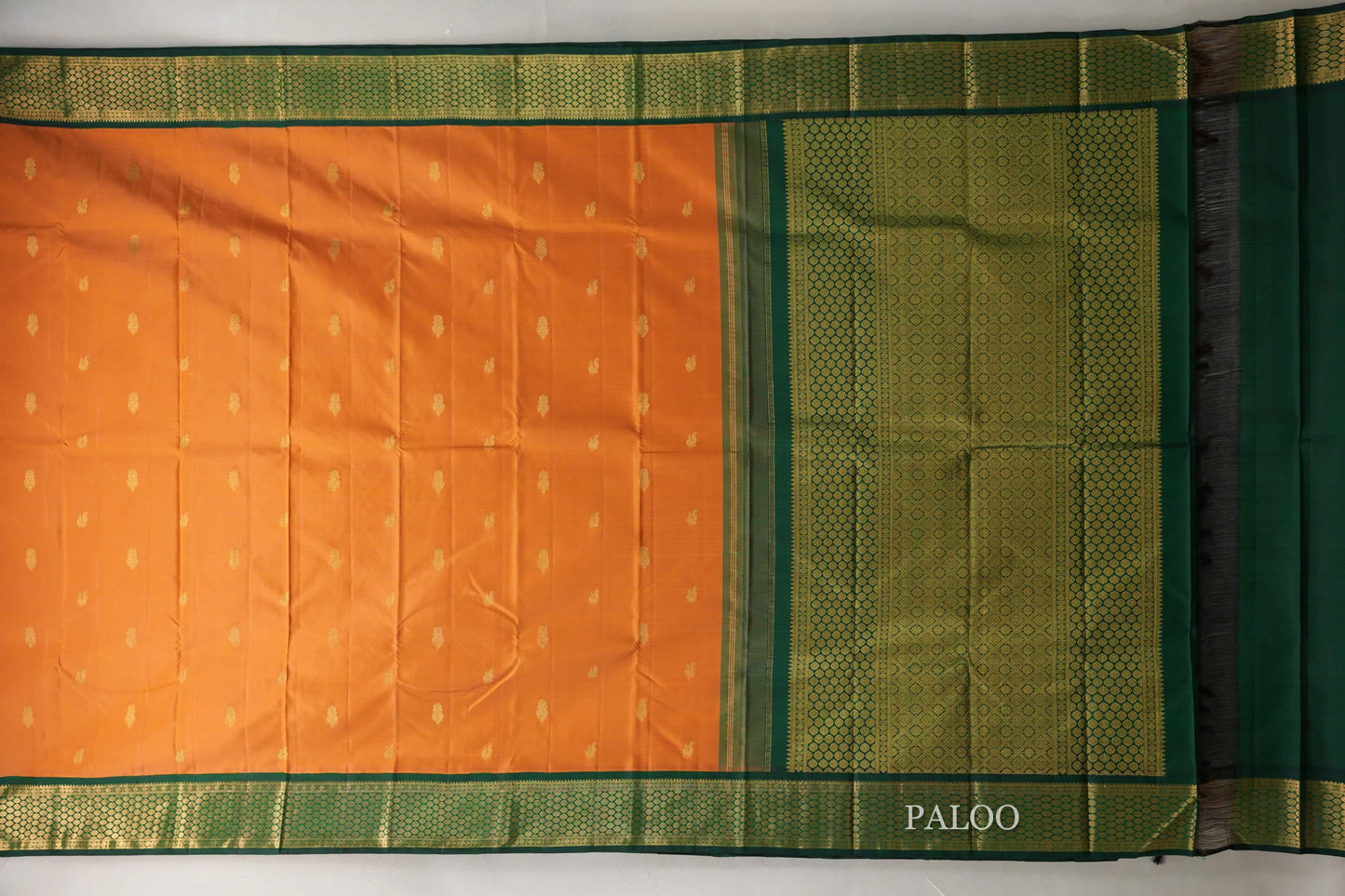 Mustard Orange with Bottle Green Borders Vintage Kanjivaram Silk Saree paloo