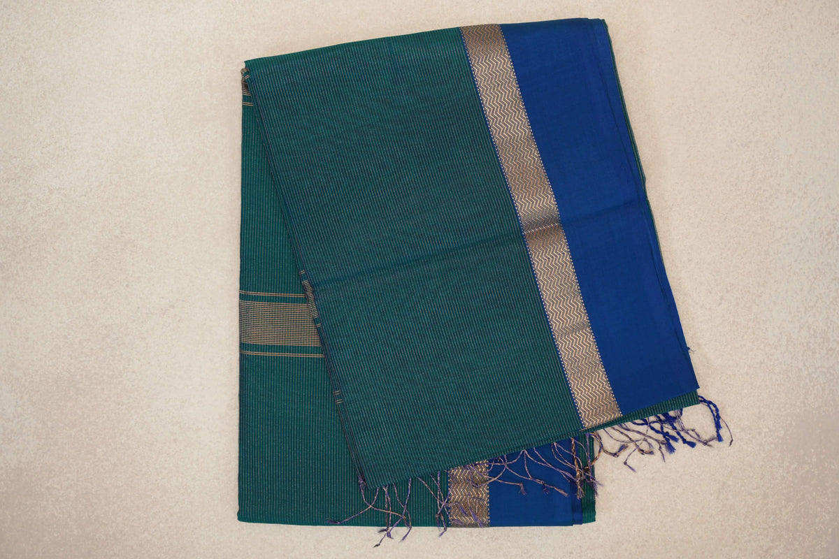 Teal Green with Royal Blue and Peacock Blue Borders Maheshwari Silk Cotton Saree by Shreenivas Silks PSSR0110632