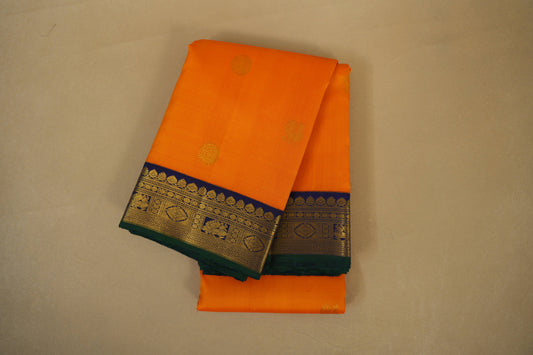 Mango Yellow with Blue Borders Vintage Kanjivaram Silk Saree by Shreenivas Silks PSSR018378
