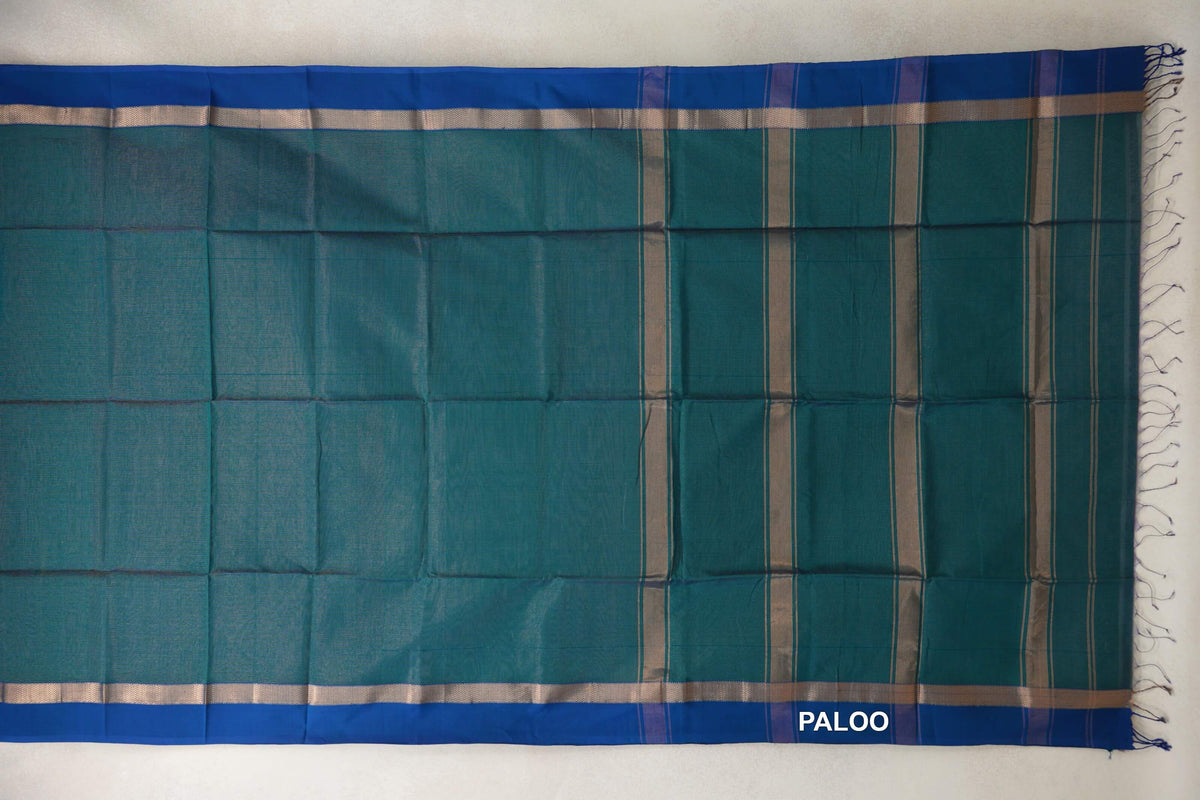 Teal Green with Royal Blue and Peacock Blue Borders Maheshwari Silk Cotton Saree by Shreenivas Silks PSSR0110632