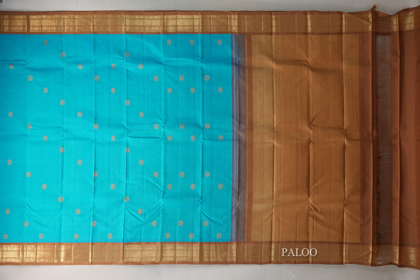Aqua Blue with Light Brown Borders Vintage Kanjivaram Silk Saree paloo