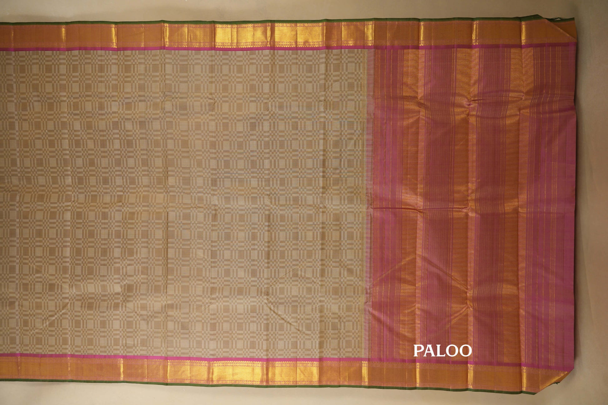 Cream with Pink Borders Vintage Kanjivaram Silk Saree paloo