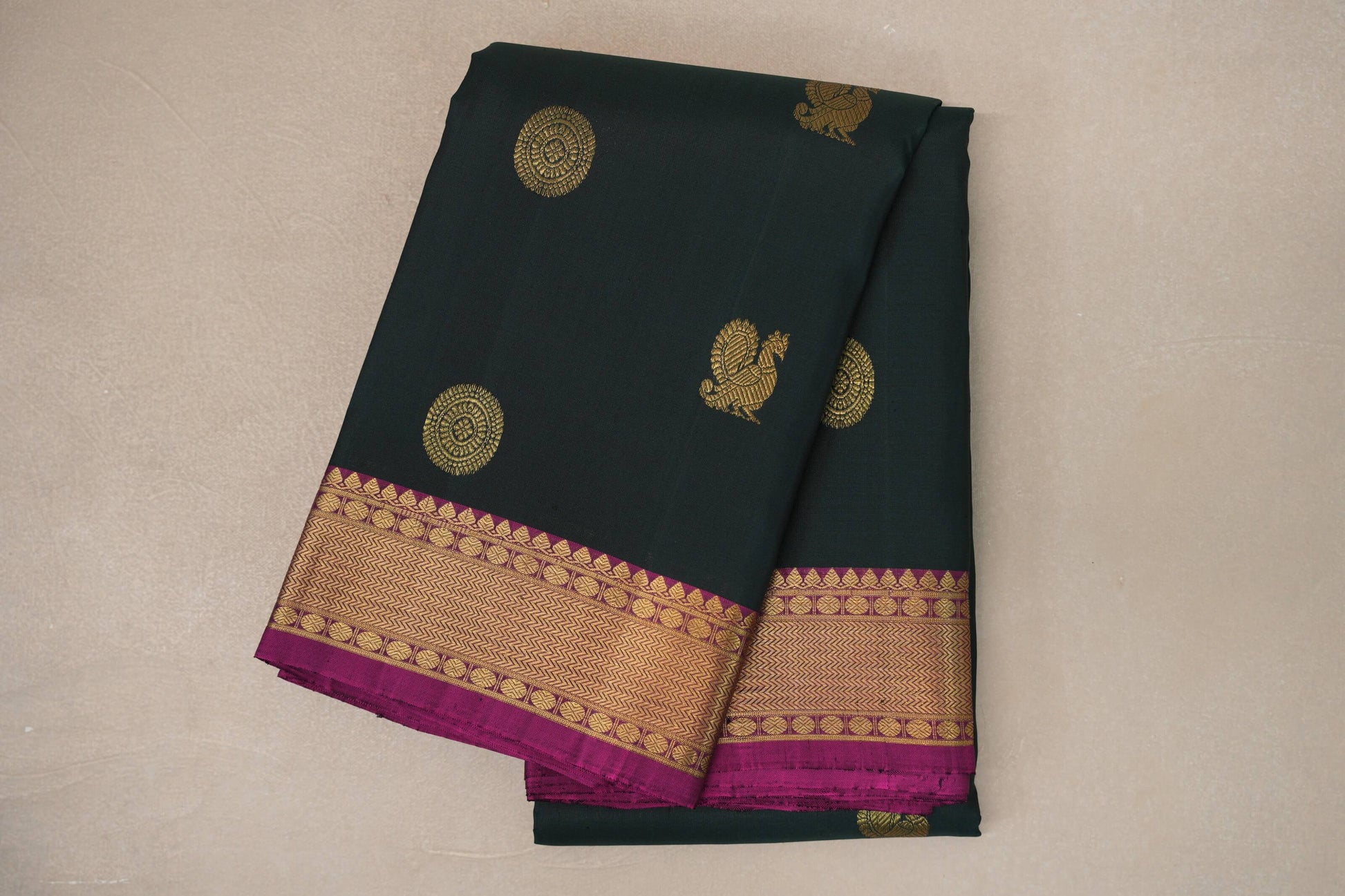 Deep Bottle Green with Deep Magenta Borders Vintage Kanjivaram Silk Saree