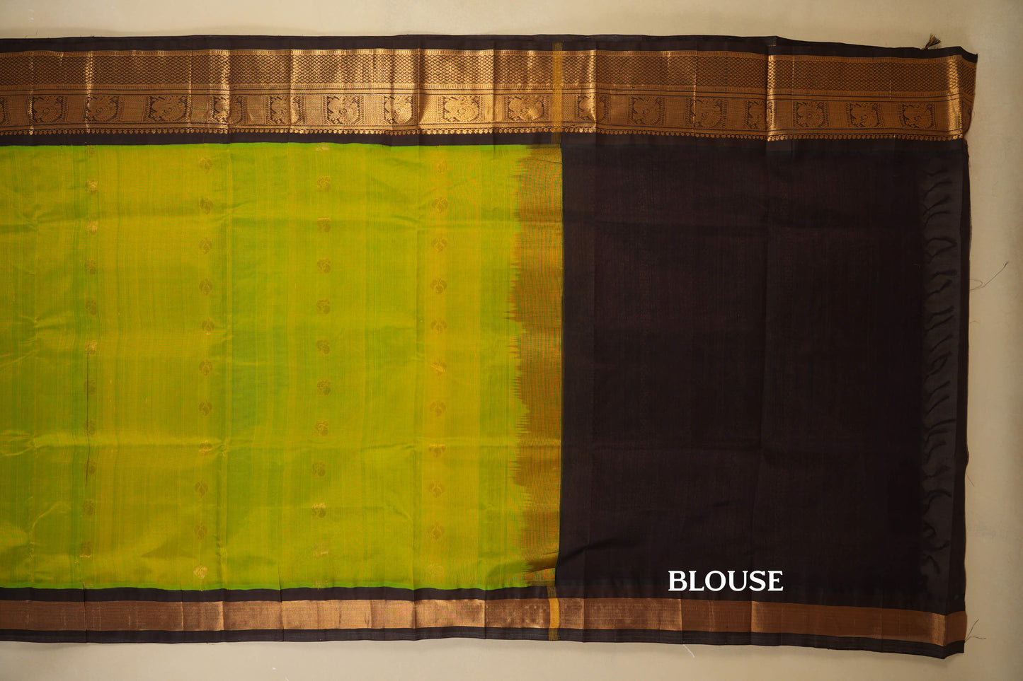 Fluorescent Green with Coffee Brown Borders Silk Cotton Saree blouse