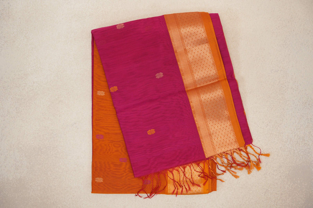 Rani Pink with Deep Orange Borders Maheshwari Silk Cotton Saree by Shreenivas Silks PSSR0110637