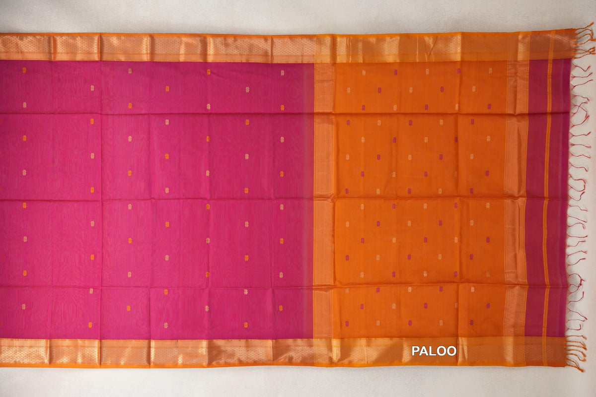 Rani Pink with Deep Orange Borders Maheshwari Silk Cotton Saree by Shreenivas Silks PSSR0110637